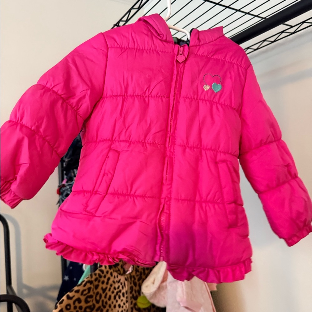 London Fog Girls Pink Hooded Puffer Coat with Heart Print & Hat | Size 2T
